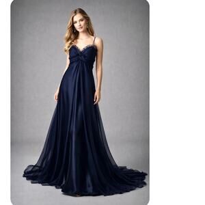 Vintage Jim Hjelm Navy Chiffon Satin Formal Gown Train Empire Waist USA Size 8